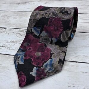 Buckingham Men's Floral Abstract Necktie Black Burgundy Blue Gray Woven Tie USA